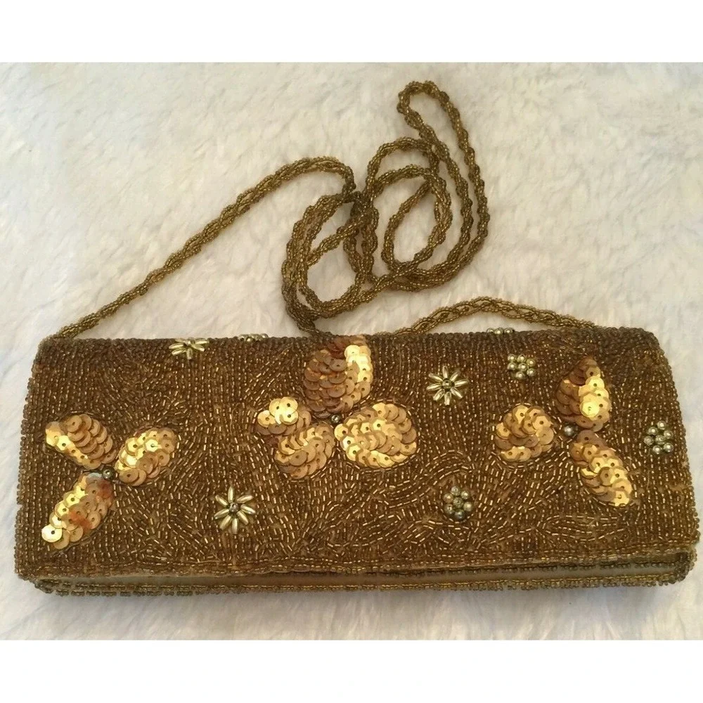 Bijoux Terner Womens Oblong Clutch Evening Bag Gold Sequin Micro‎ Beaded Floral_4